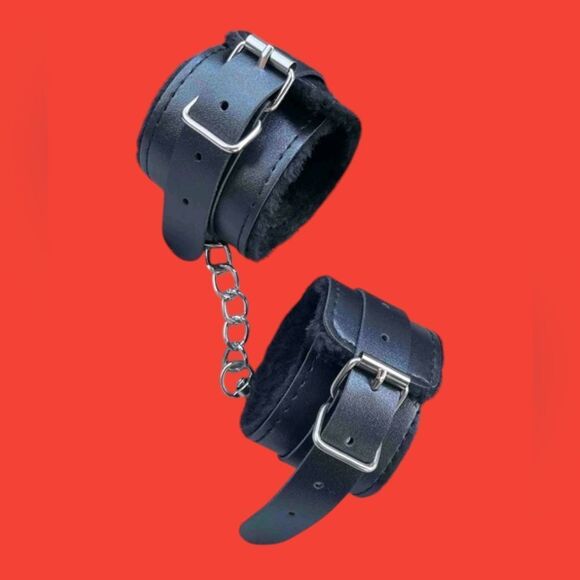 Black Faux Leather Wrist Handcuffs with Silver Buckles - Picture 1 of 11